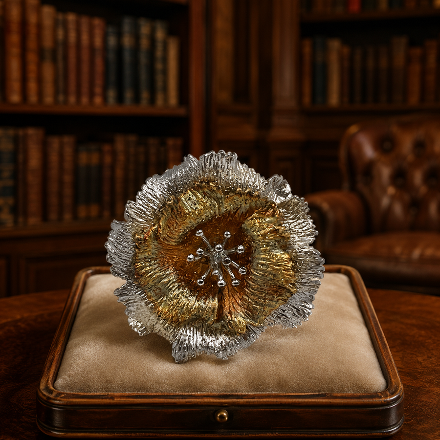 Silver layered flower statement ring with textured gold-plated center