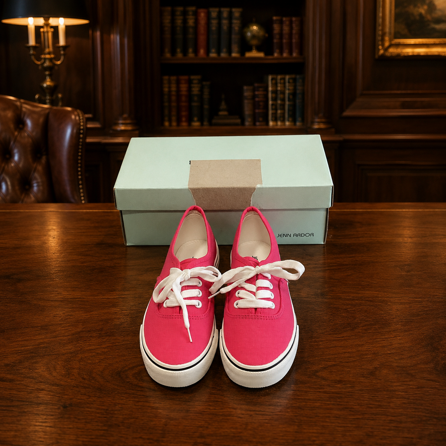 Jen Ardor raspberry pink canvas low-top sneakers with white laces and box