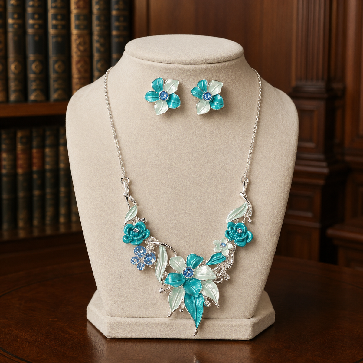 Silver-tone necklace and clip-on earrings with teal, aqua and pale green enamel flowers