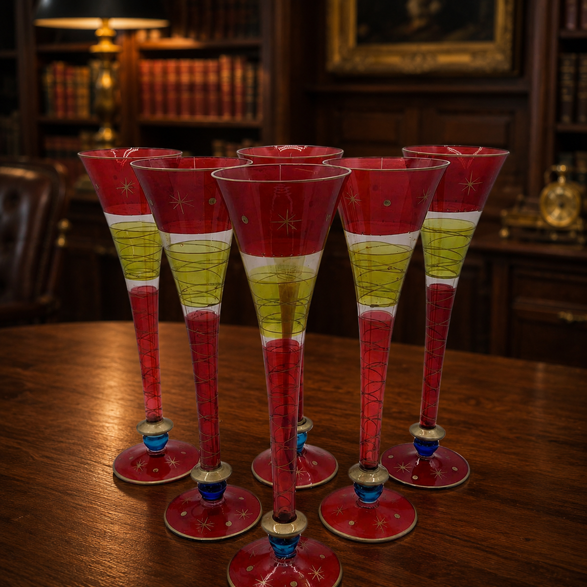 Six tall champagne flutes in ruby red and green with blue knops and gold-tone accents