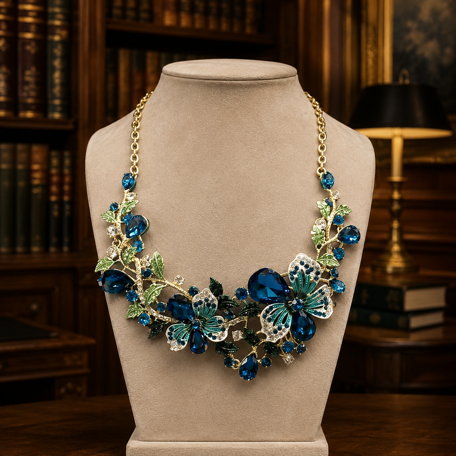 Gold-tone bib necklace of blue rhinestone flowers, leaves and turquoise enamel butterflies