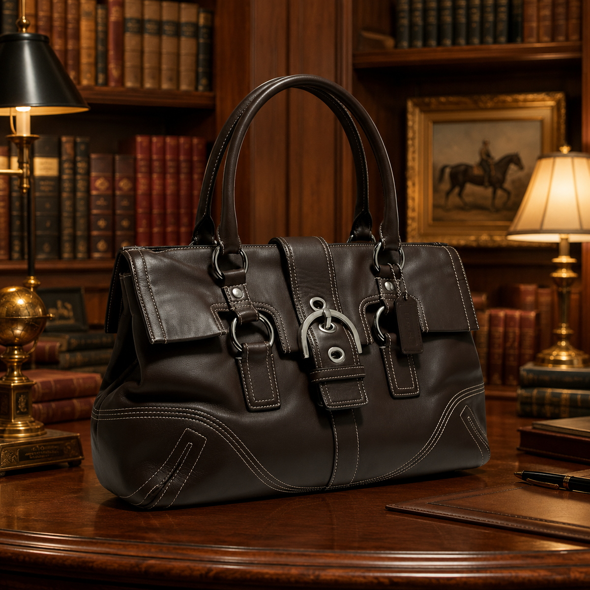 Brown leather satchel with buckle flap front
