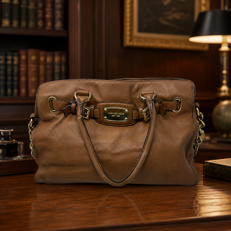 Michael Kors saddle brown pebbled leather satchel with chain-link strap and rolled handles