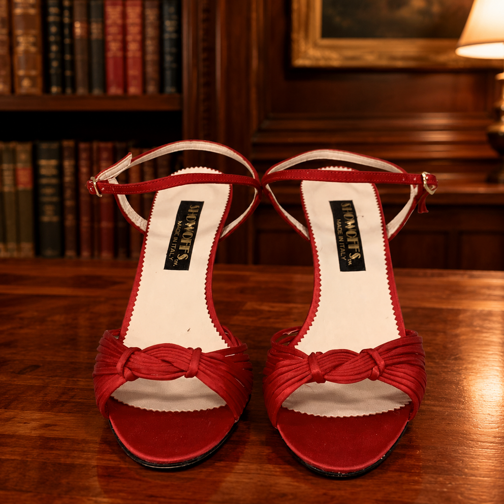 Showoffs Red Satin Strappy Knotted Heels Made In Italy Size 8N