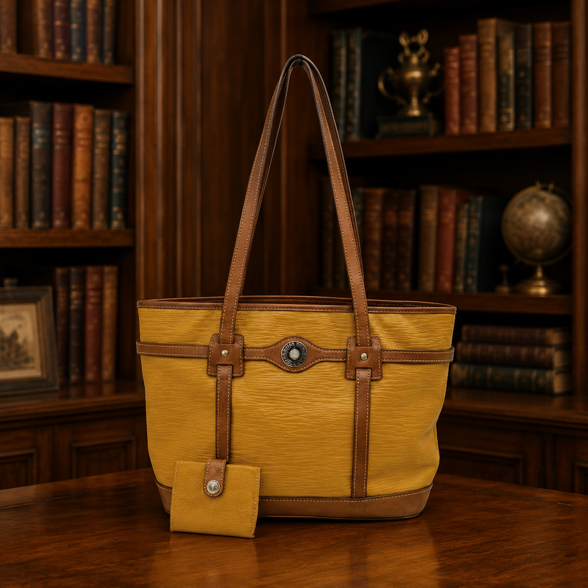 Dooney and Bourke mustard yellow pebbled leather shopper tote with matching wallet