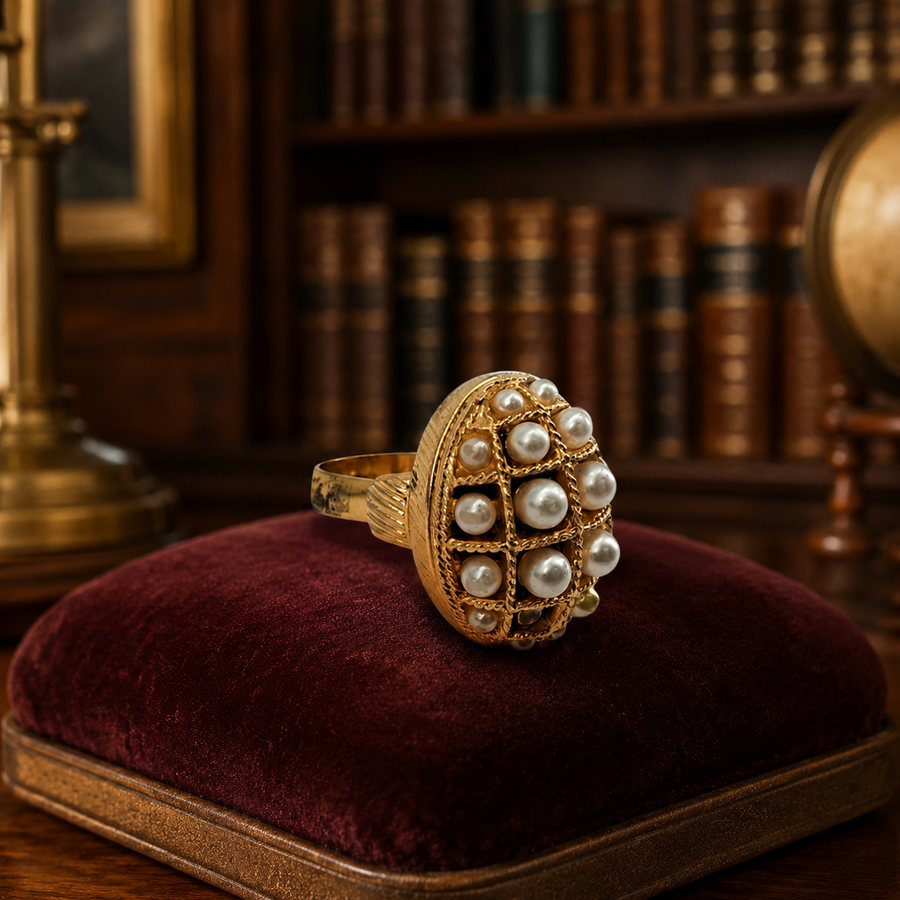 1980s–1990s AVON Gold-Tone Locket Ring Faux Pearls Ornate Oval Design