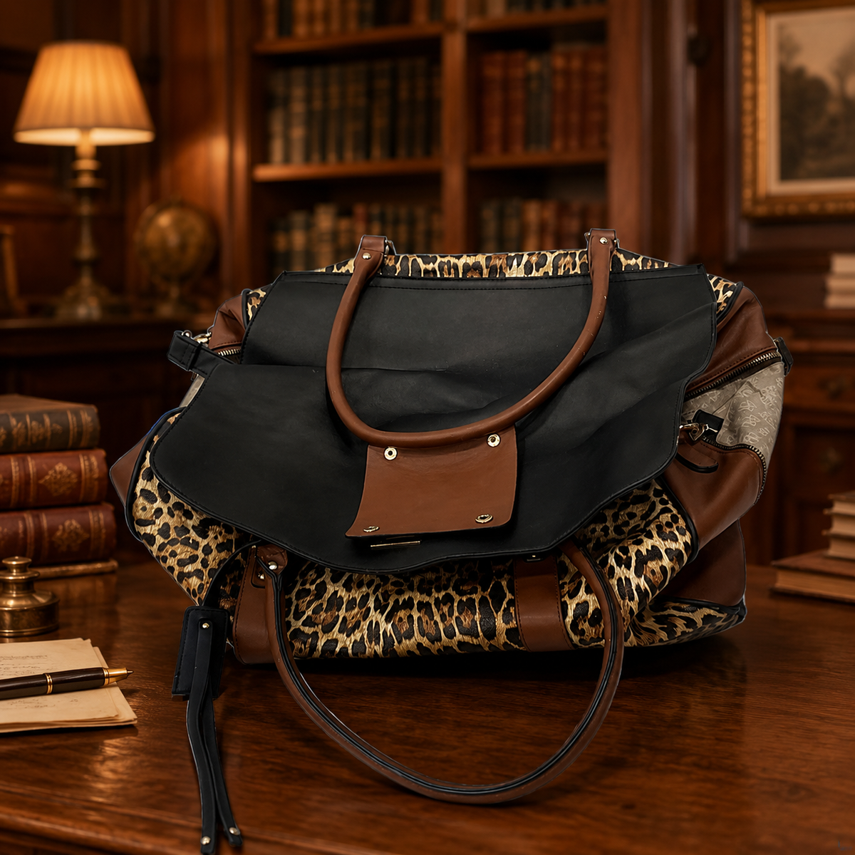 Leopard print vegan leather weekender bag with brown trim and black base