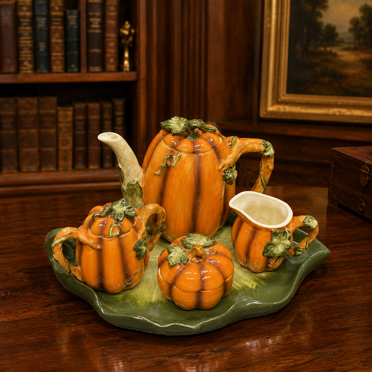 Boston Warehouse Ceramic Pumpkin Tea Set with Leaf Tray, 7 Piece Autumn Teapot Set