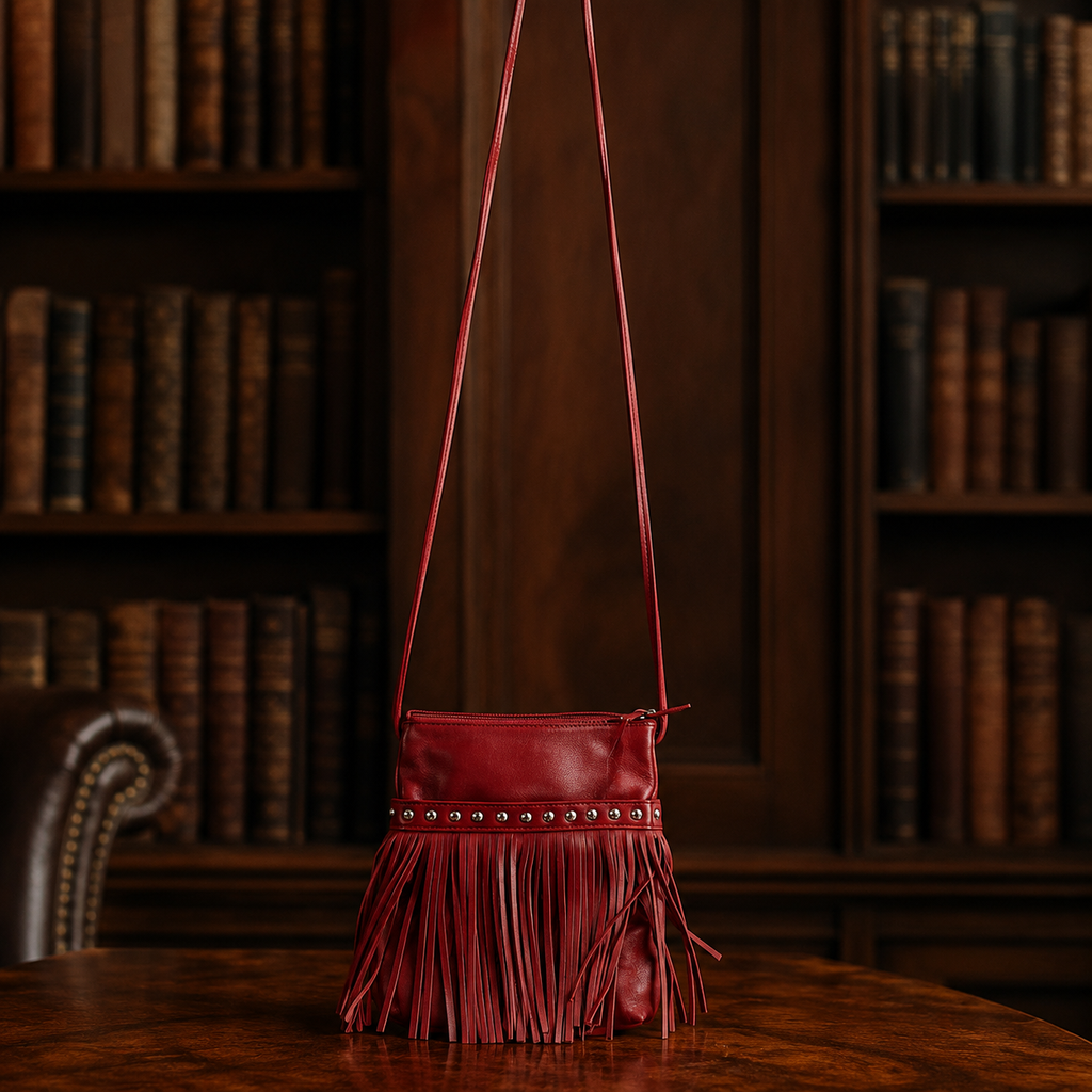 Vintage Red Leather Fringe Crossbody Bag with Stud Details | Boho Western Festival Purse