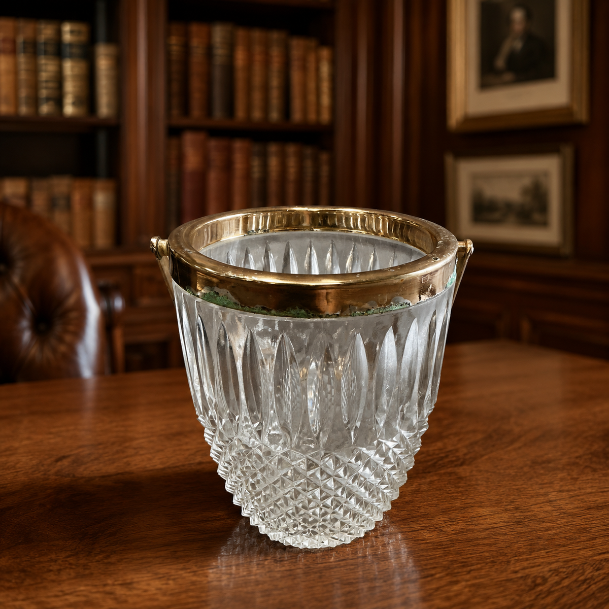 Clear diamond point pressed glass ice bucket with brass-tone rim and swing handle