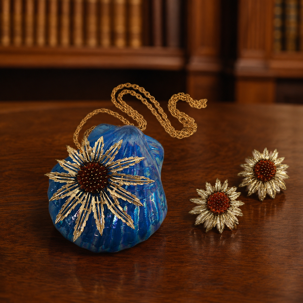 Sarah Coventry Sunburst Flower Brooch Pendant & Clip Earrings Set, Gold Tone Rhinestone Demi Parure
