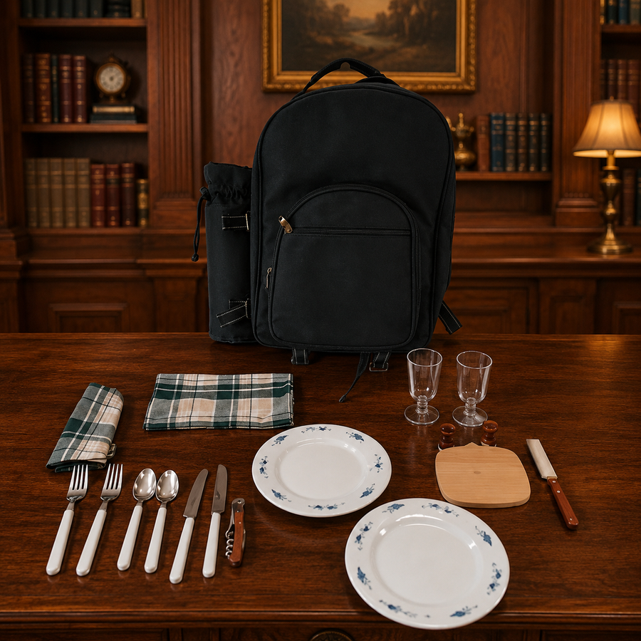 Black two-person picnic backpack with plates, flatware, glasses, napkins and cutting board