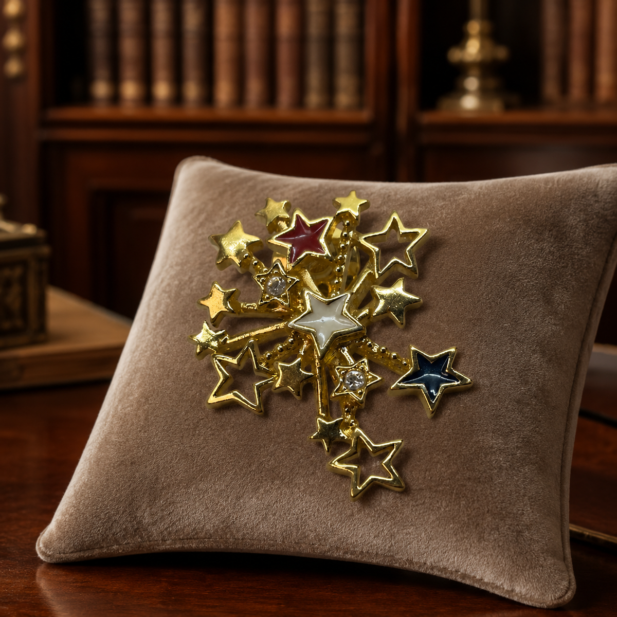Gold-tone patriotic starburst brooch with red, white and blue enamel stars