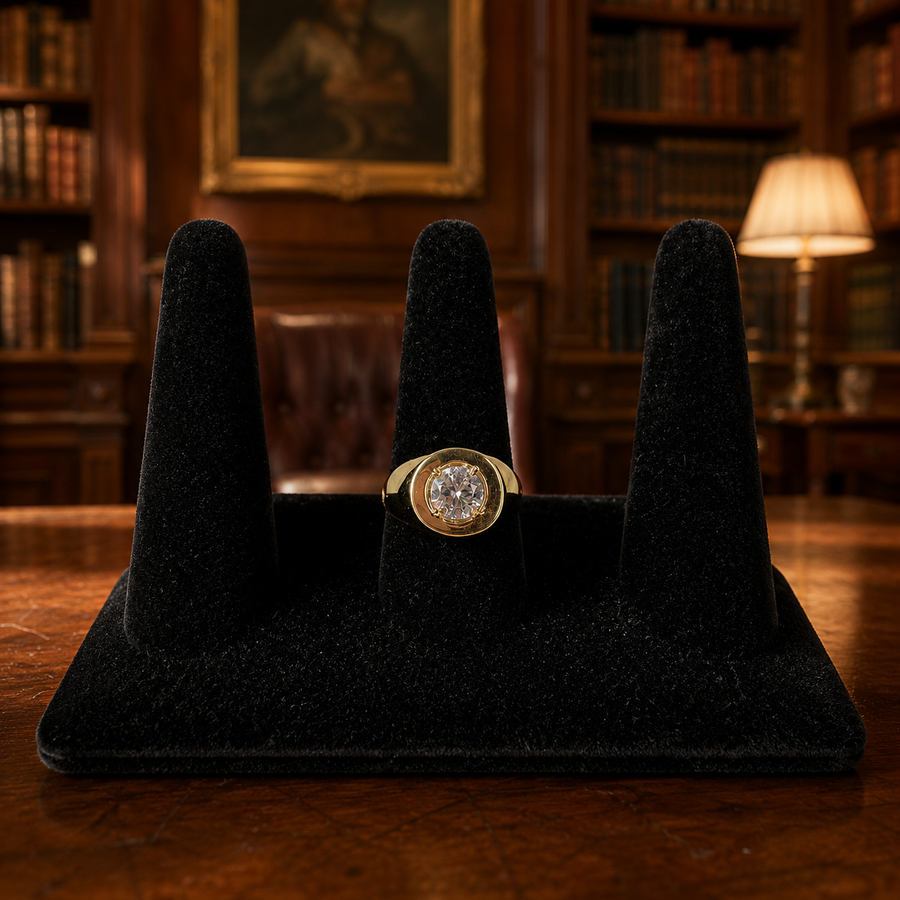 Men's gold-tone solitaire ring with colorless glass center stone