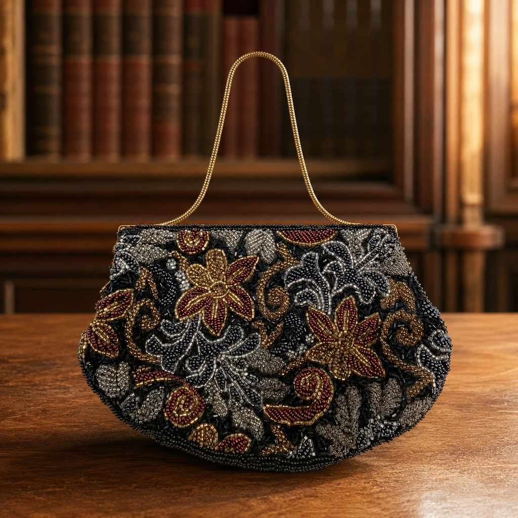 Carolyne Barton Beaded Evening Bag with Floral Design | 8" Vintage-Style Chain Clutch