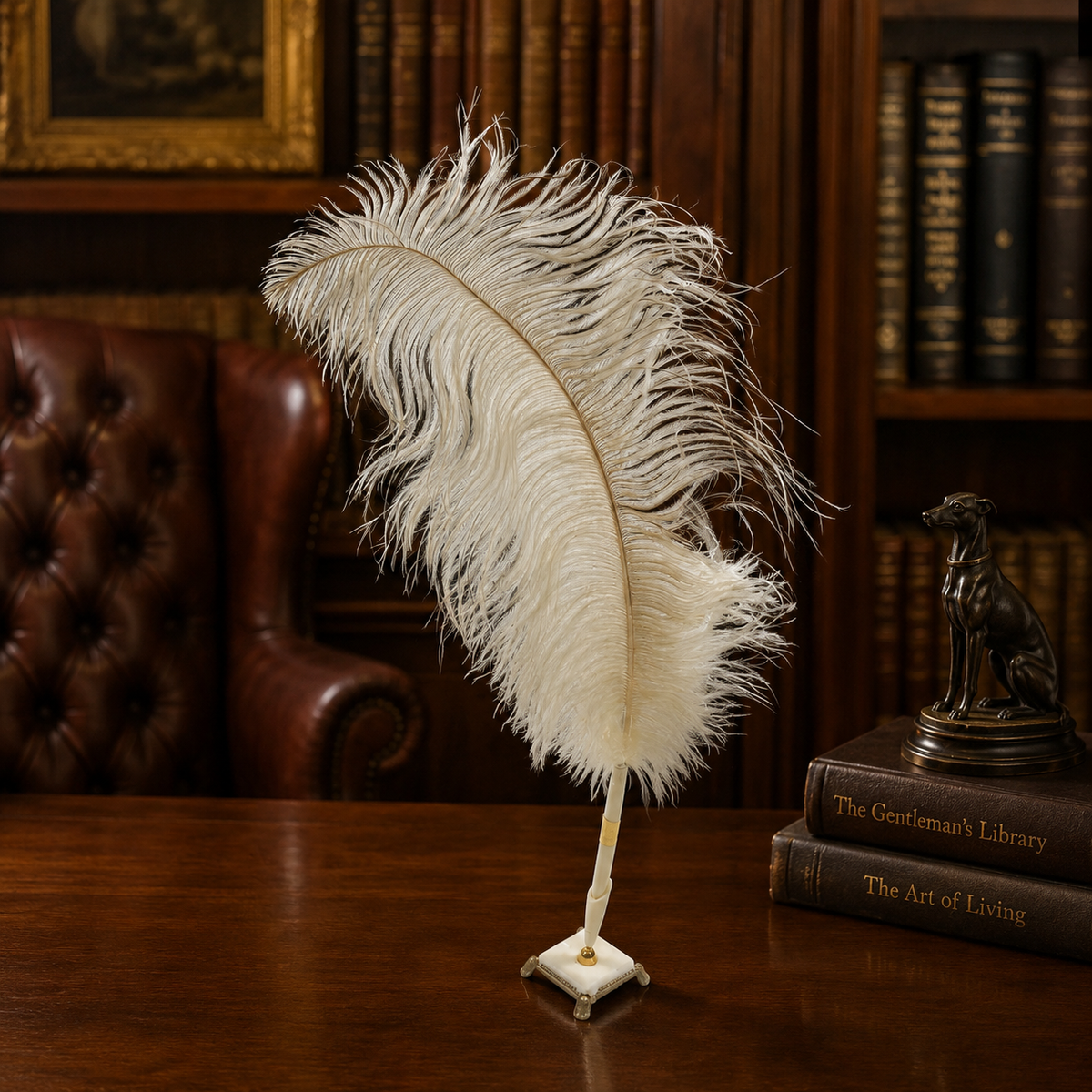 White ostrich-style feather pen with long plume