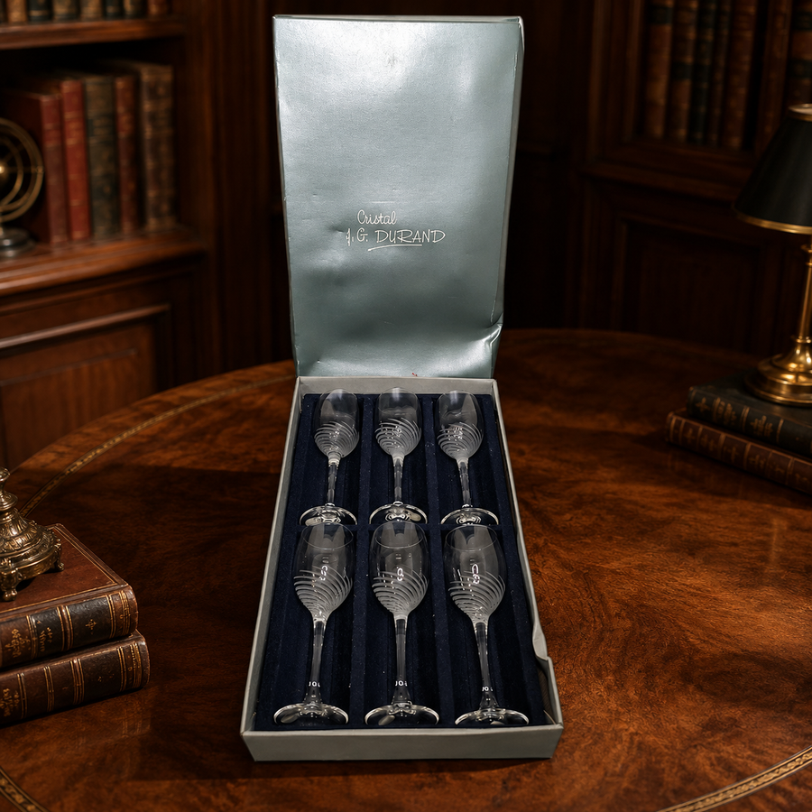 Six Cristal J.G. Durand spiral cut wine glasses with presentation box