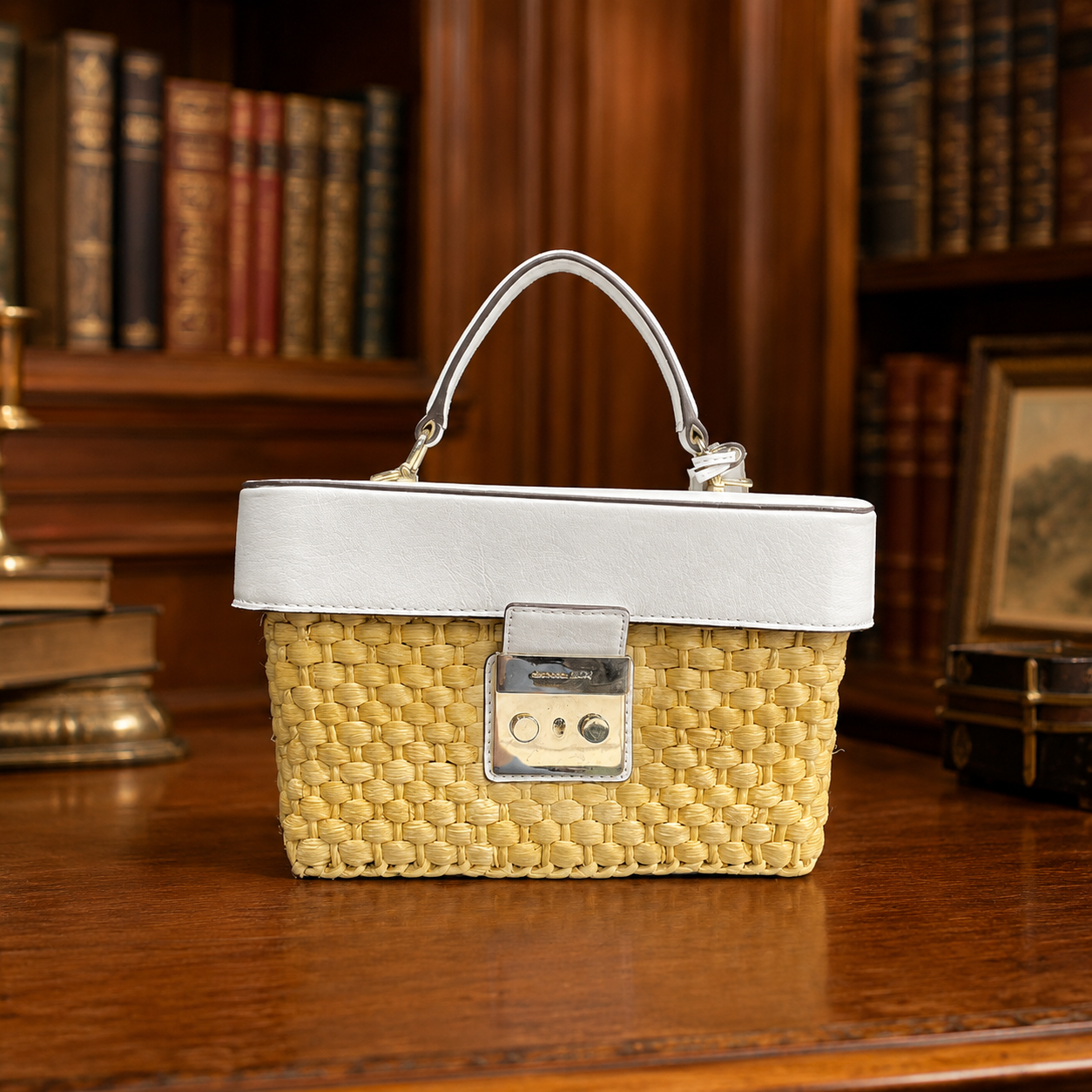 Michael Kors Gabriella Straw Satchel Bag, White Leather Trim Summer Top Handle Purse