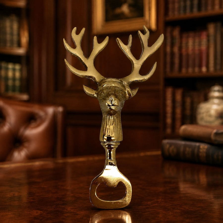 Gold-tone bottle opener shaped as a deer head with branching antlers