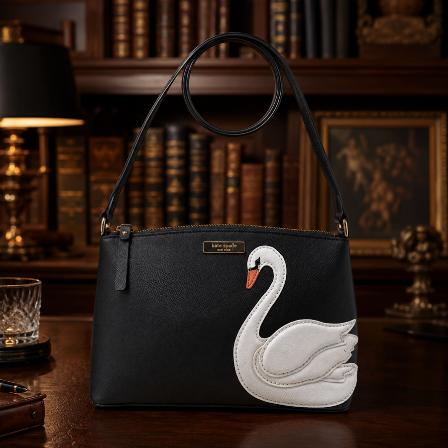 Black structured crossbody bag with white swan appliqué and gold-tone accents