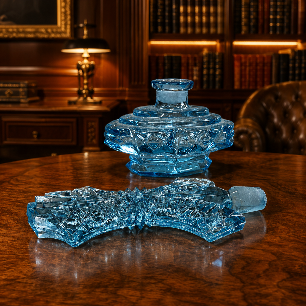 Pressed Glass Perfume Bottle Light Blue Ornate Diamond Pattern Fan Stopper