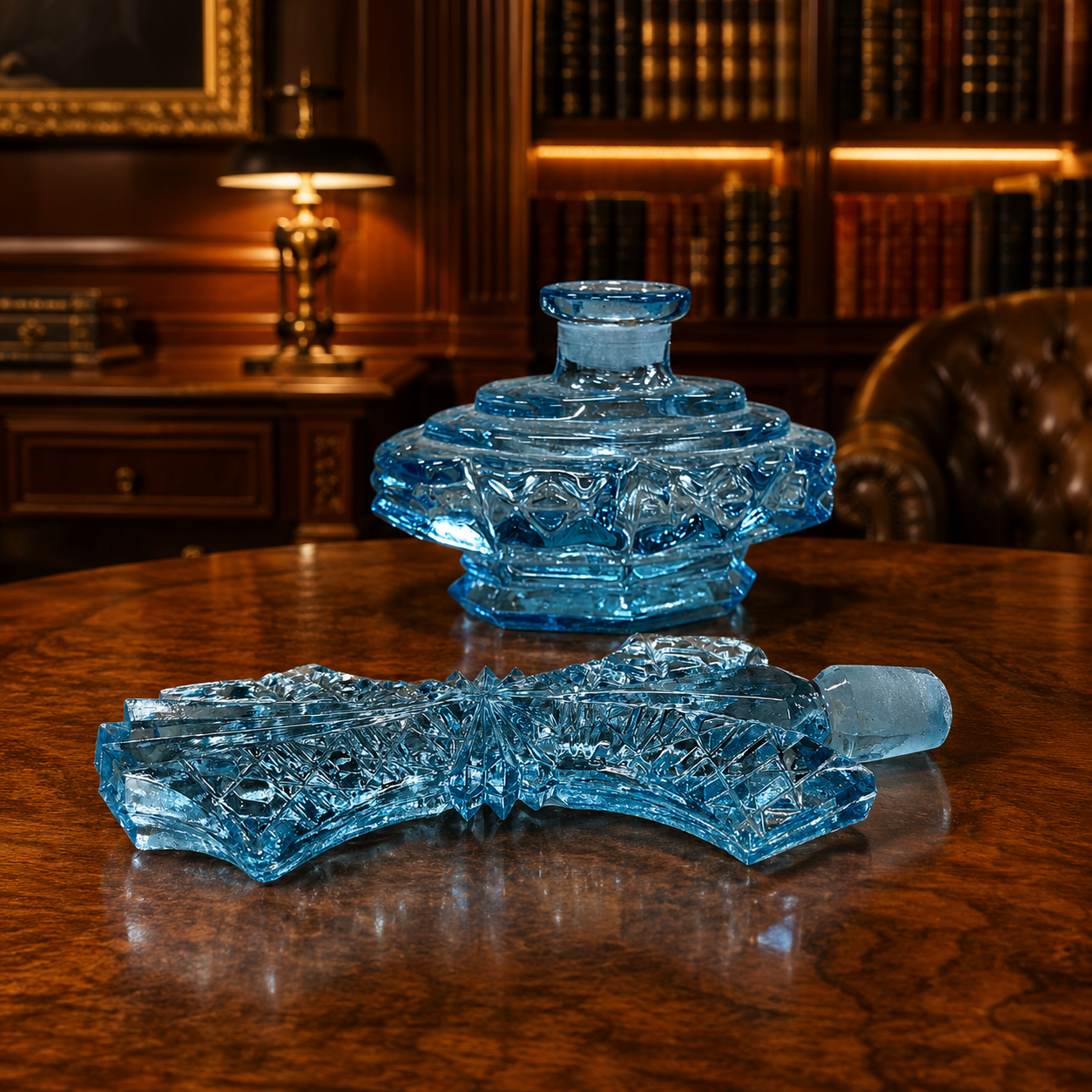 Pressed Glass Perfume Bottle Light Blue Ornate Diamond Pattern Fan Stopper