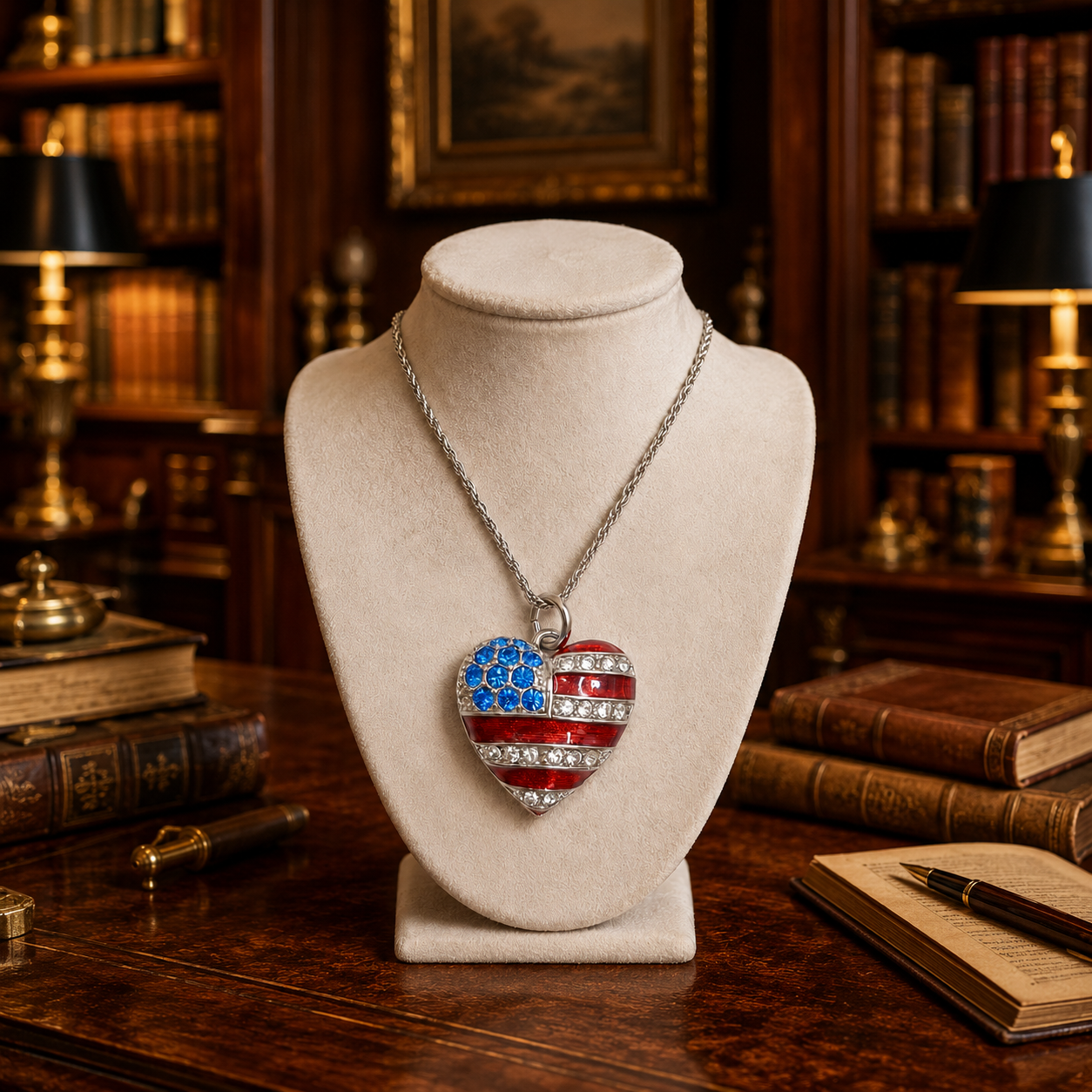 Christopher Radko Patriotic USA Flag Heart Pendant Necklace 20"