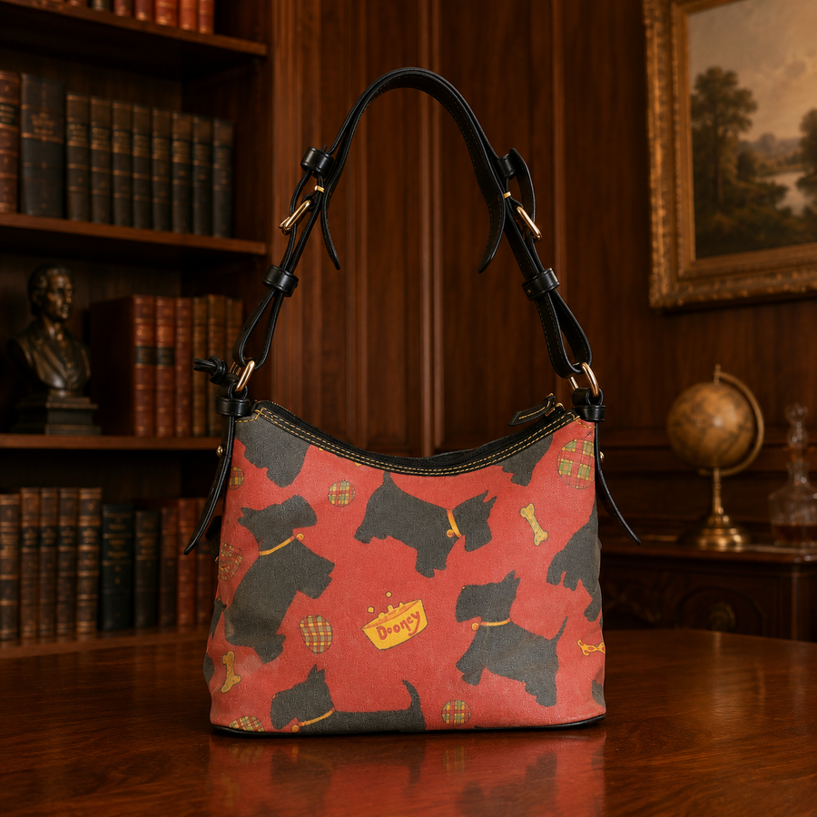 Red coated canvas Scottie dog print shoulder bag with black leather trim