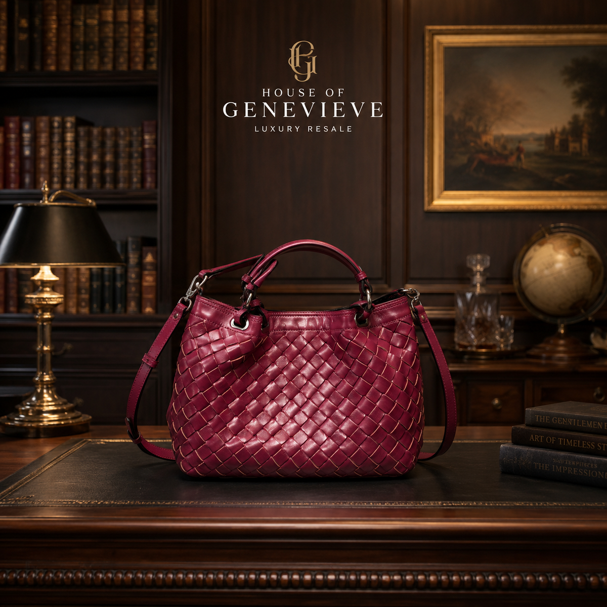 Magenta woven leather satchel with rolled top handle, crossbody strap and silver-tone hardware