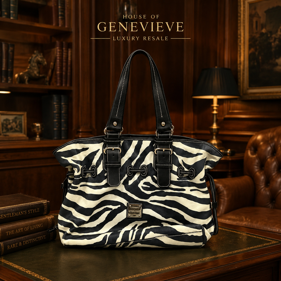 Dooney & Bourke black and white zebra print satchel with black leather trim and silver-tone logo plate