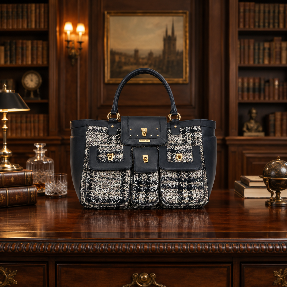 Tweed and black leather shoulder bag with turn-lock front pockets and gold-tone hardware