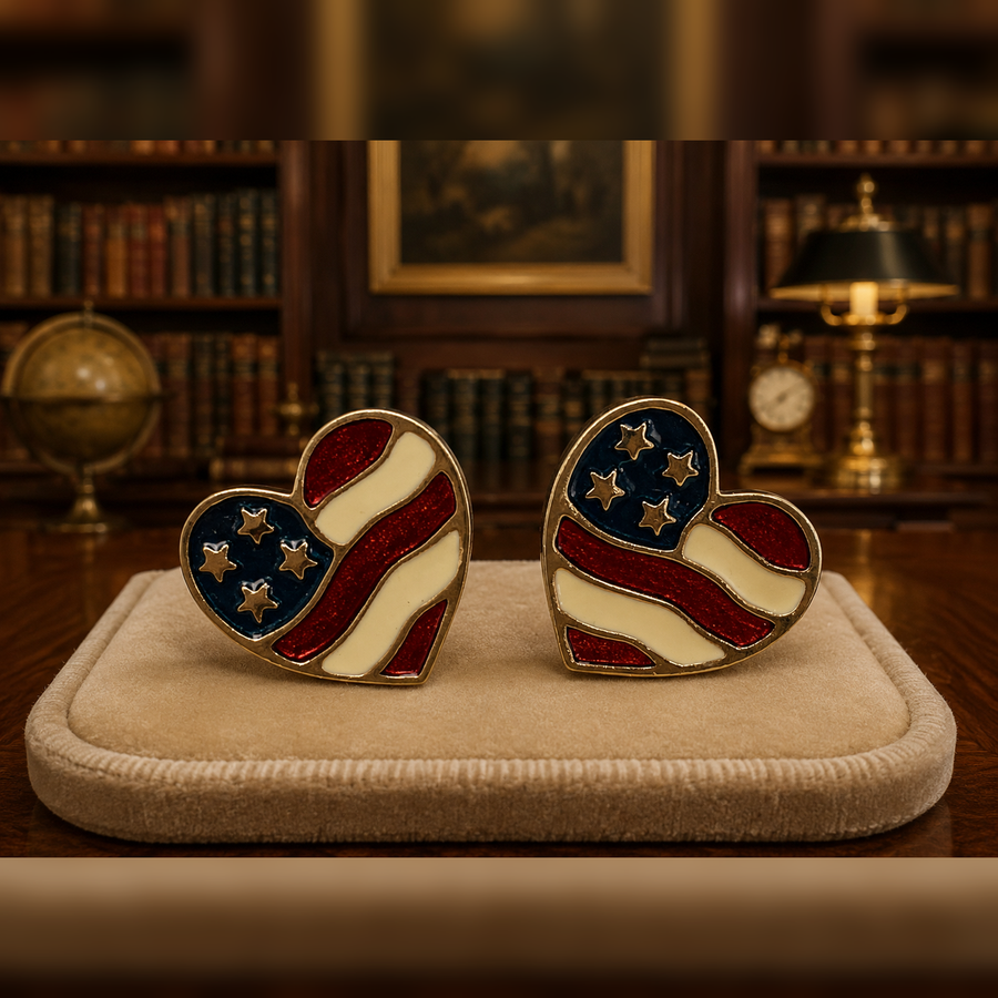 Gold-tone heart stud earrings with red, white and blue enamel flag design
