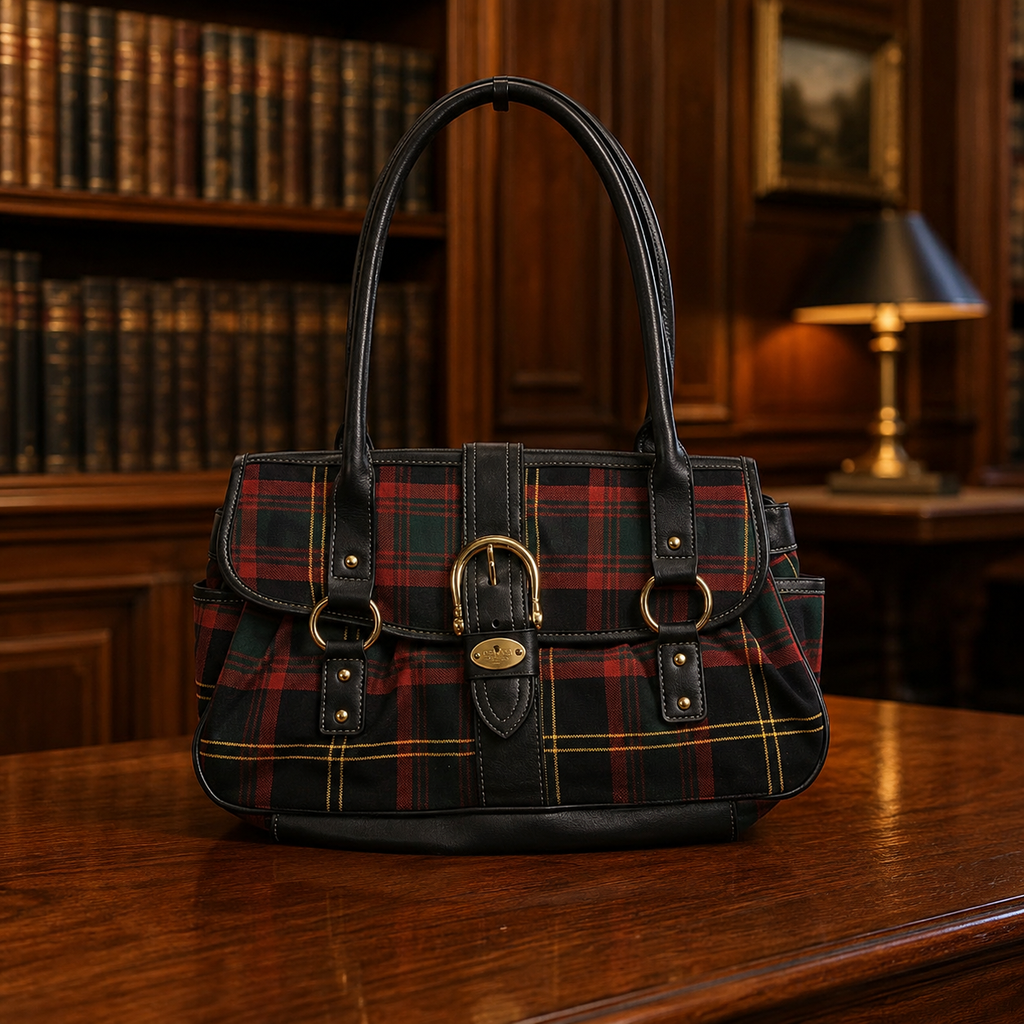 Chaps Women's Red Green Black Plaid Tartan Shoulder Bag Handbag Gold Hardware