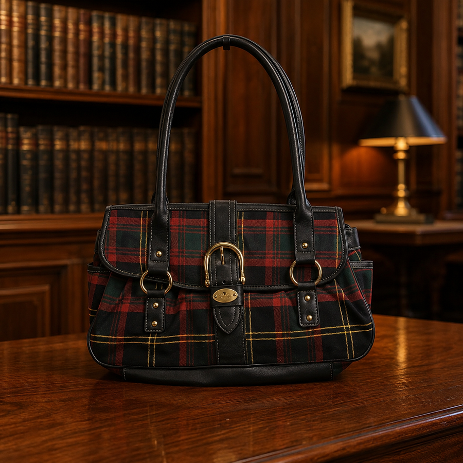 Red, green and black tartan plaid shoulder bag with black trim and gold-tone hardware