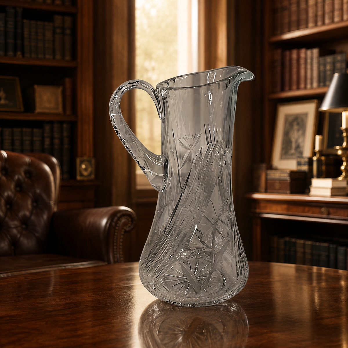 Tall clear cut glass pitcher with floral and leaf decoration and textured handle