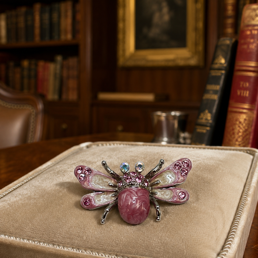Silver-tone fly brooch with pink and cream enamel and rhinestones