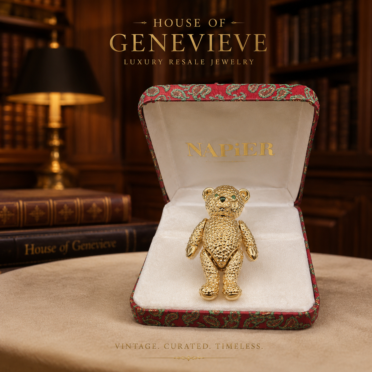 Napier Gold-Tone Articulated Teddy Bear Brooch with Rhinestone Eyes