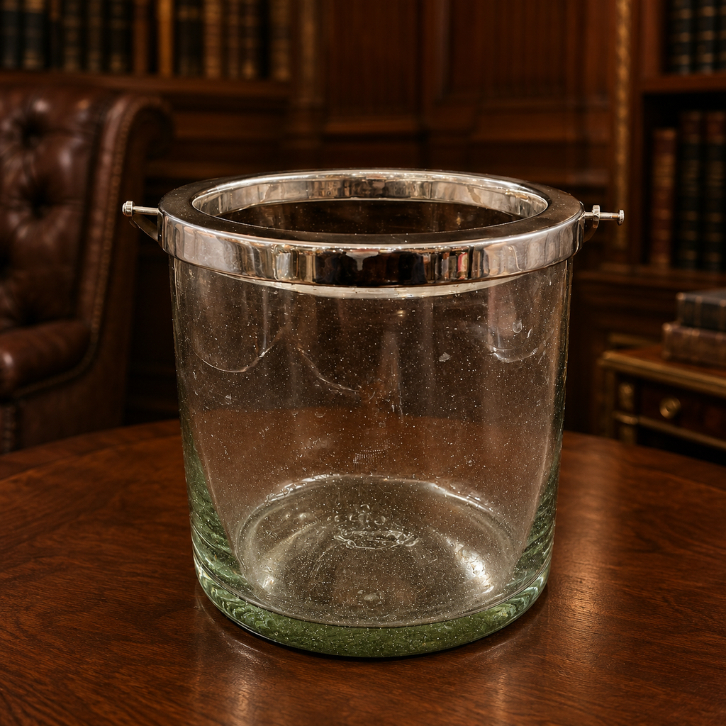 AGE REVIEW Light Green Glass Silver Plated Rim Ice Bucket