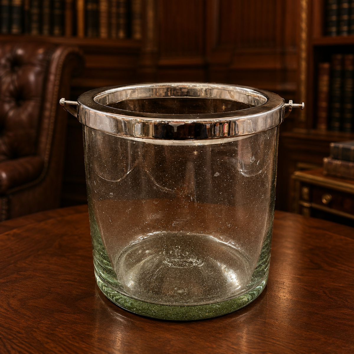 AGE REVIEW Light Green Glass Silver Plated Rim Ice Bucket