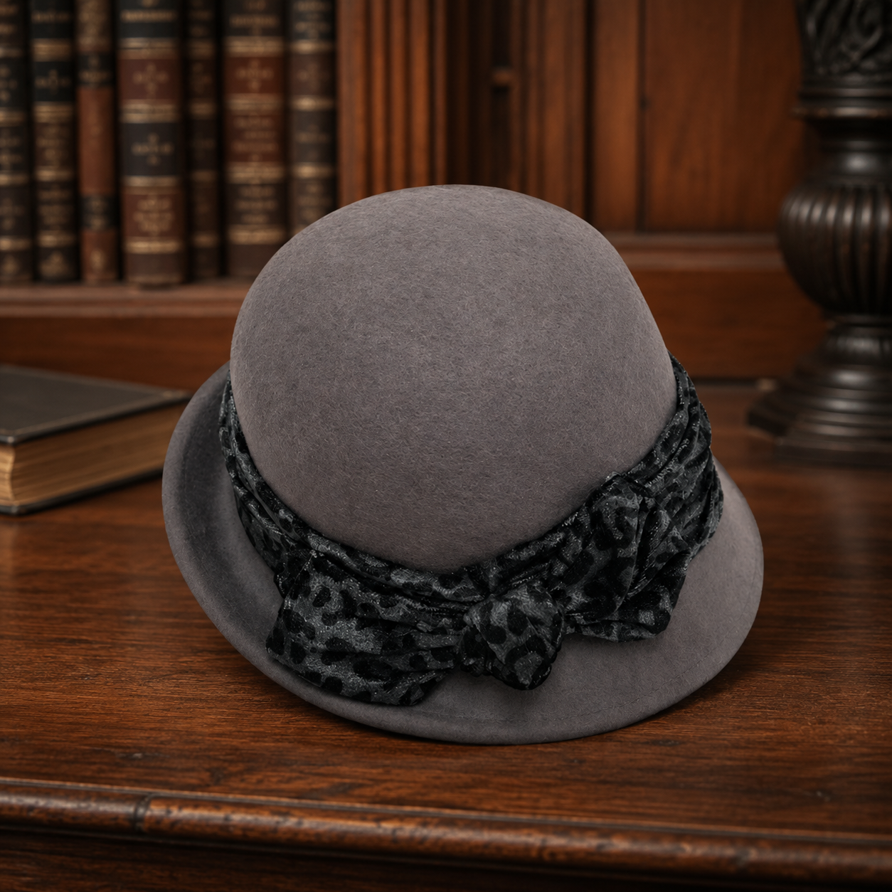 Scala Pronto Wool Felt Cloche Hat with Leopard-Print Ribbon, Soft Gray Vintage-Style Women’s Hat