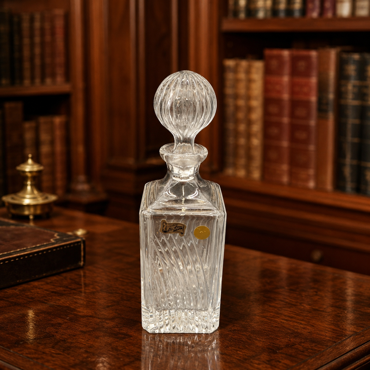 Cristallerie Lori clear crystal decanter with faceted rectangular body, swirl cutting and ribbed globe stopper