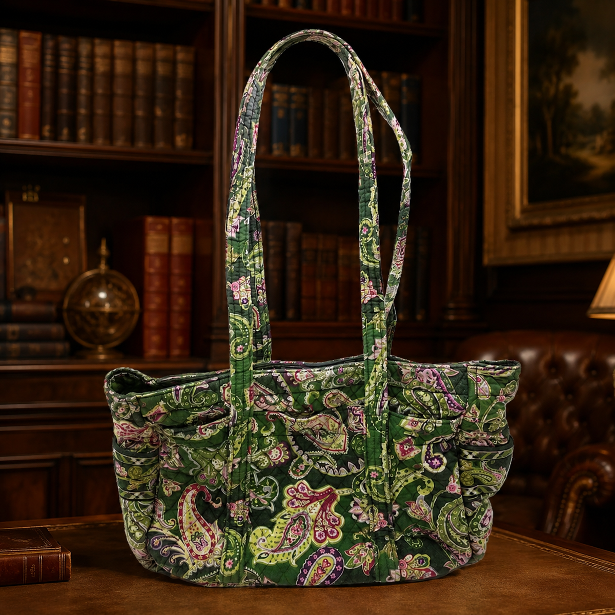 Vera Bradley Quilted Paisley Fabric Shoulder Tote Bag Green Multicolor