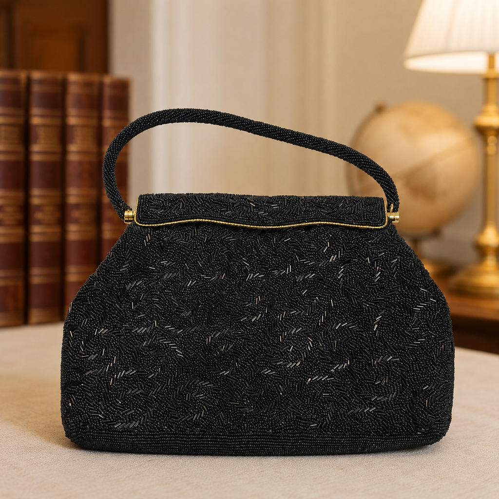 Women's Black Beaded Embroidered Clutch