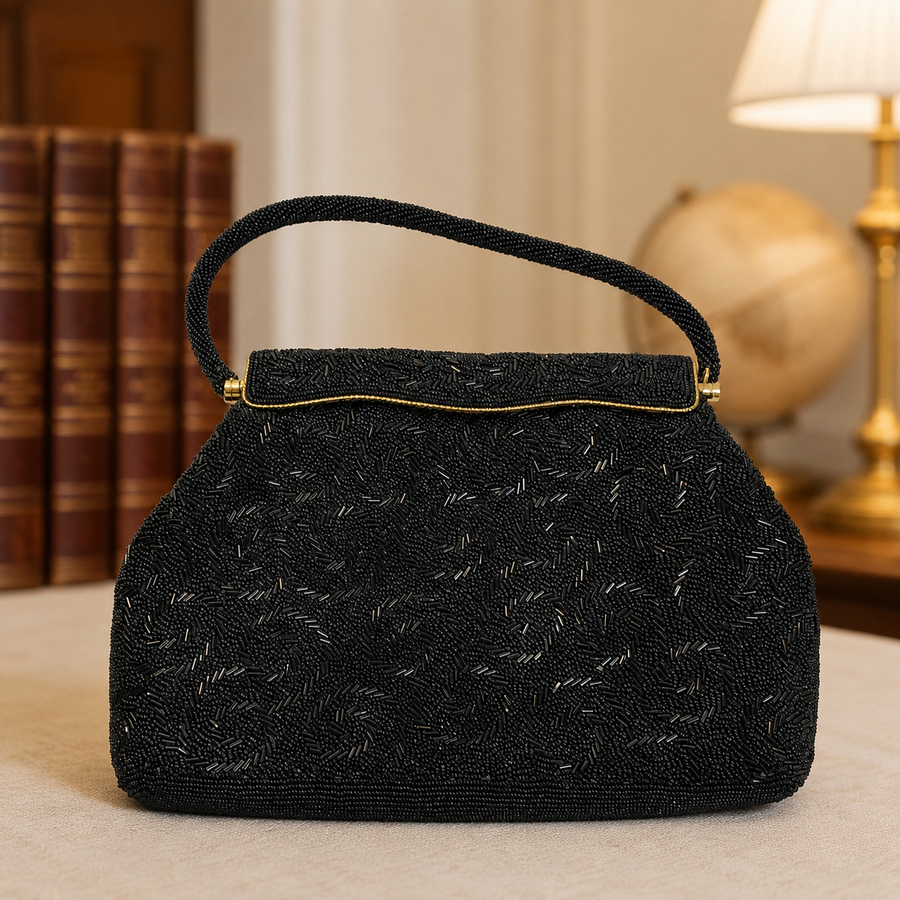 Black beaded and embroidered rectangular evening clutch with small top handle