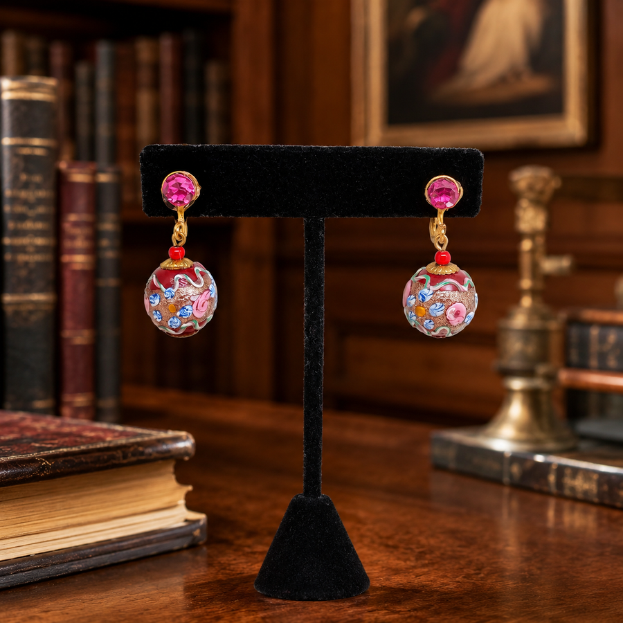 Wedding cake glass dangle earrings with colorful floral decoration and pink stones