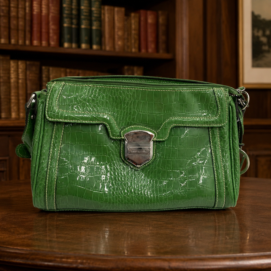 Green faux croc embossed shoulder bag with front flap pocket and silver-tone hardware