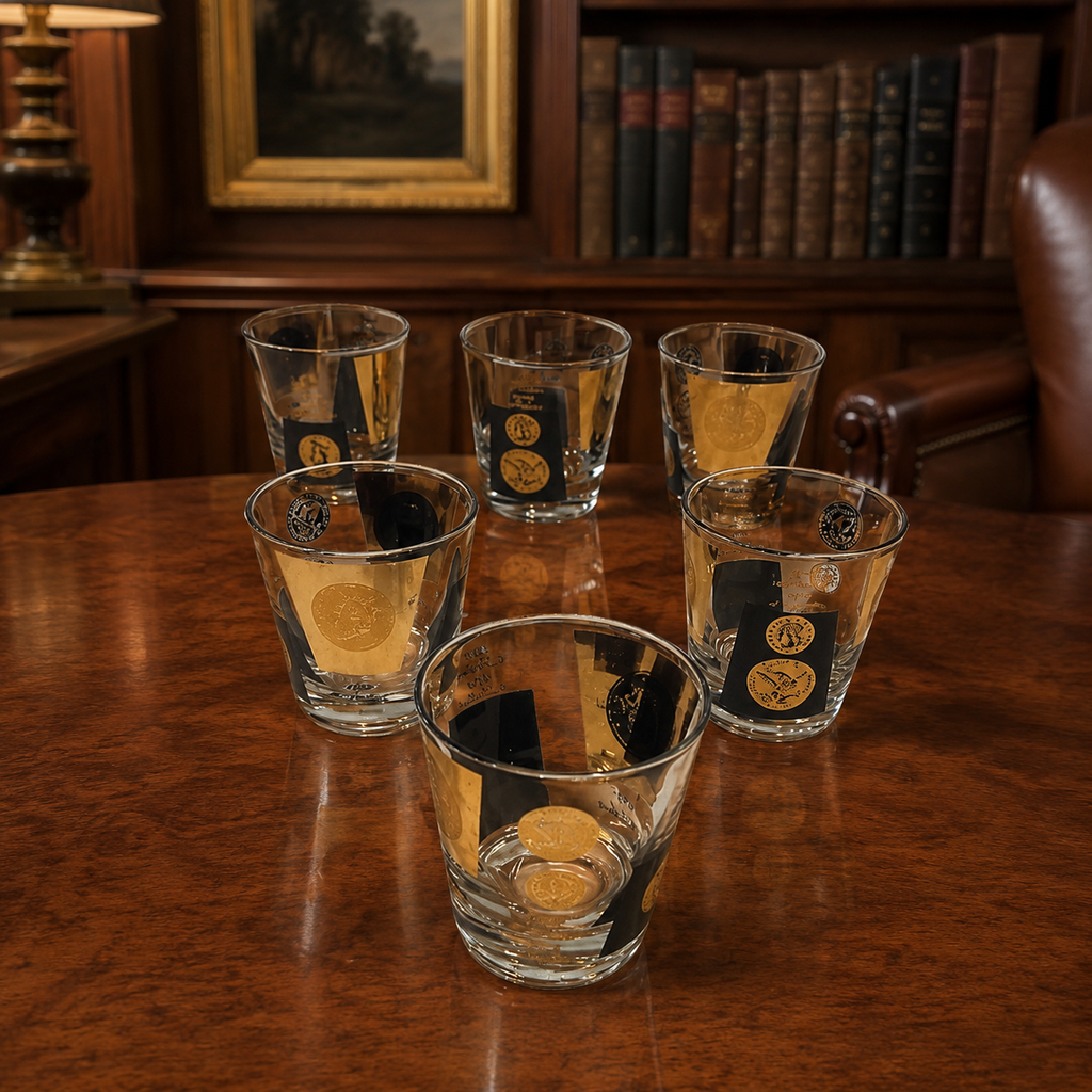 Vintage 1960s Gold Coin Rocks Glasses Set, Black & Gold Mid-Century Barware Tumblers