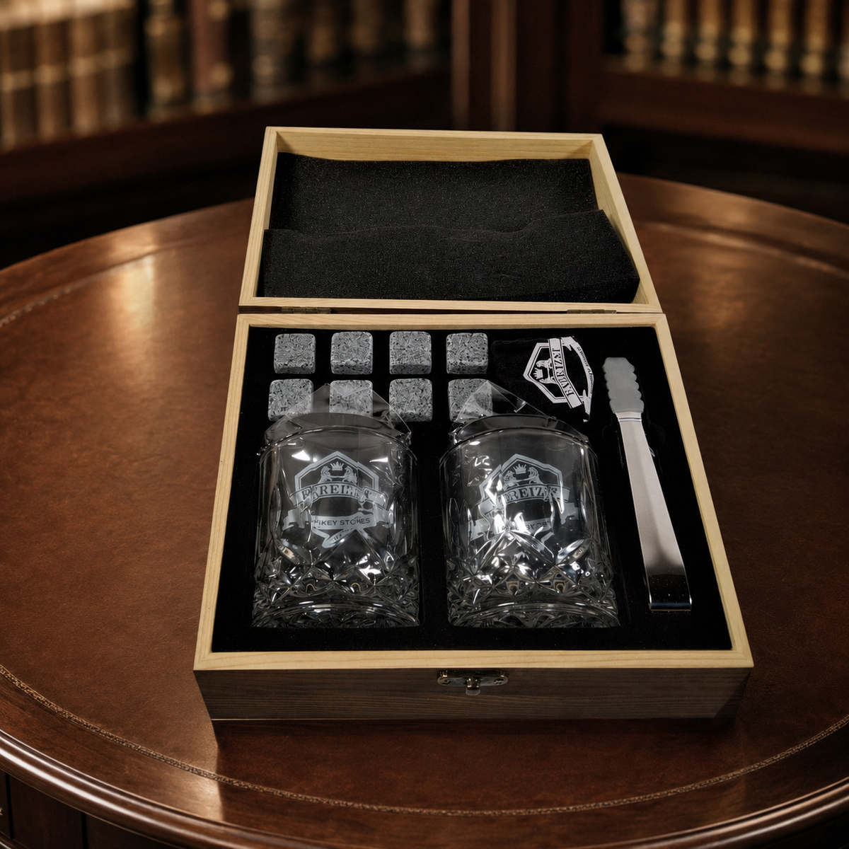 Whiskey stones bar kit with two glasses and accessories in fitted wood-look gift box