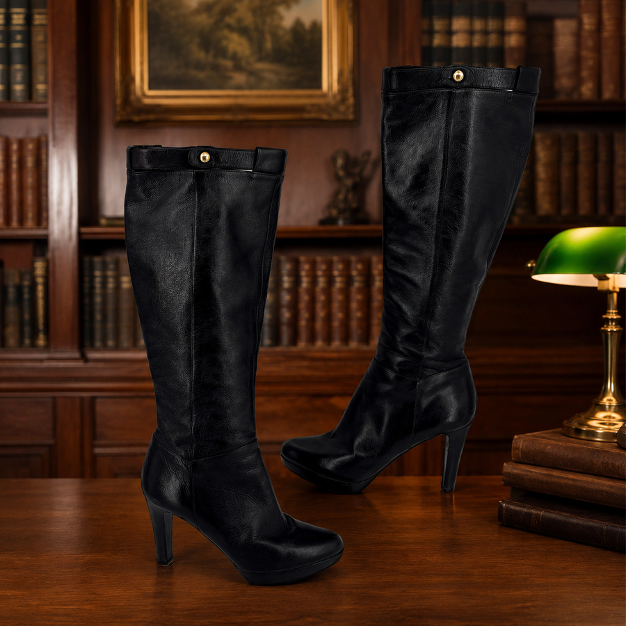 Fendi black leather platform knee high boots with side zip, size 39.5