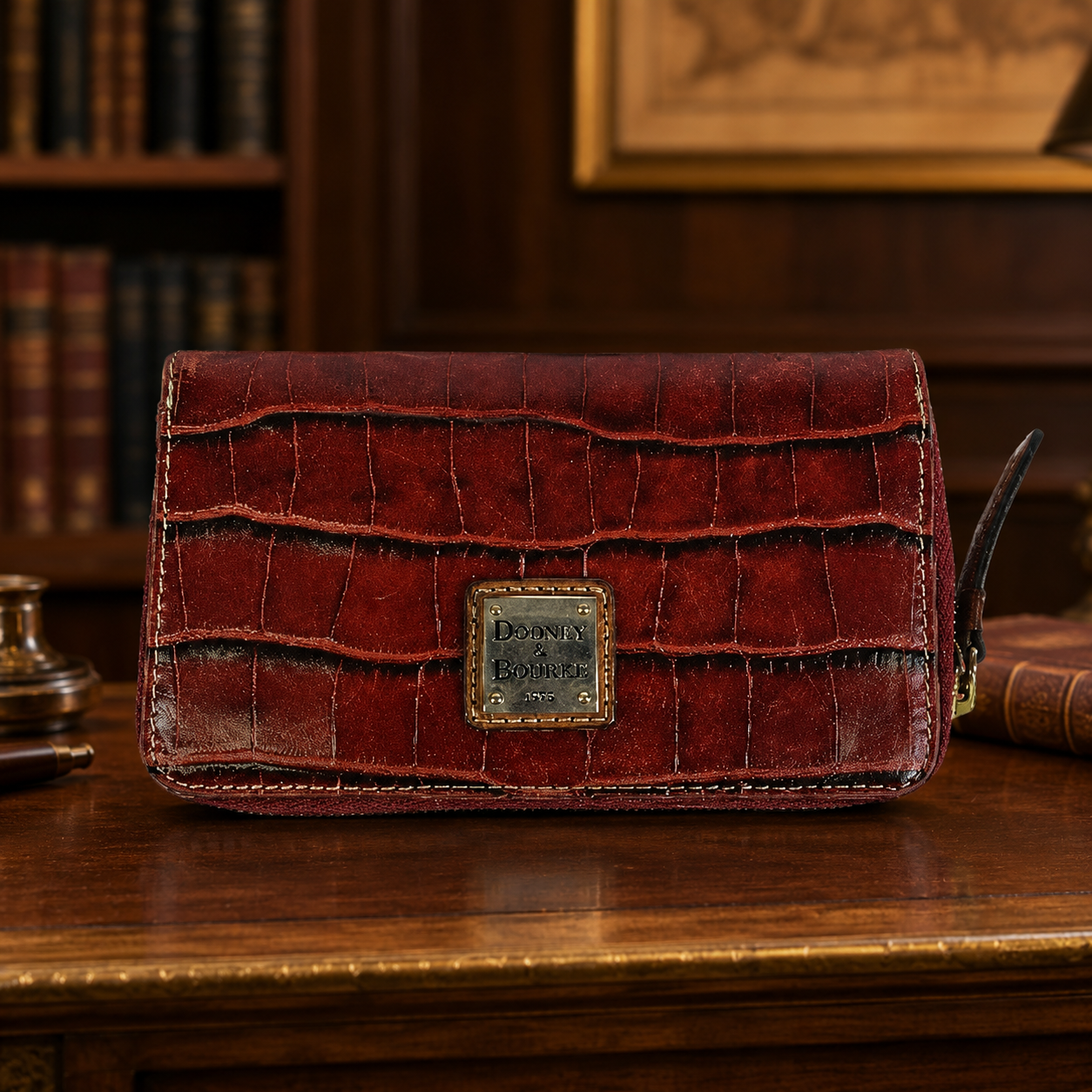 Dooney and Bourke Red Croc Embossed Leather Zip Wallet, Vintage Continental Clutch Wallet